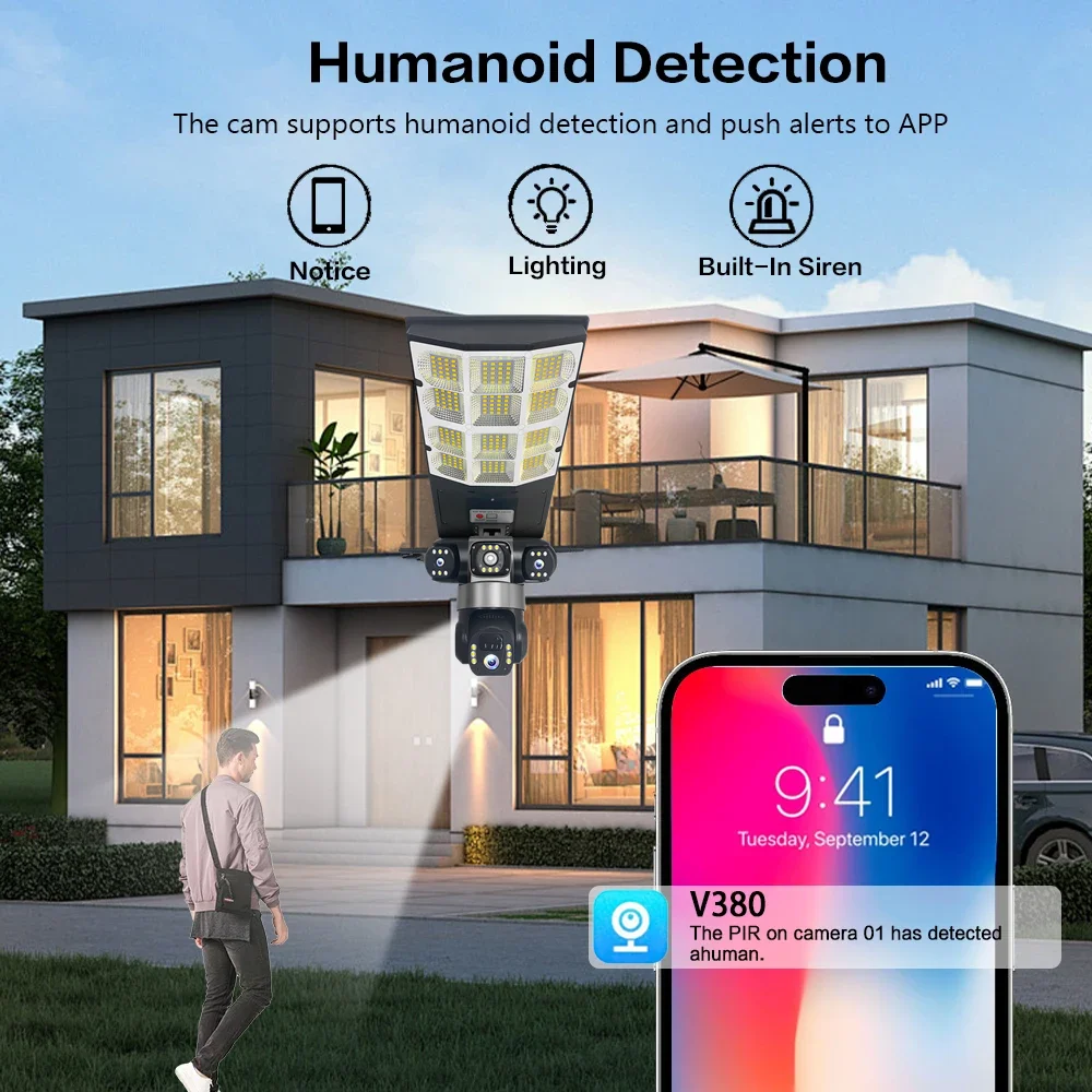 AIOOK Solar Street Light 2in1 Solar Camera Triple Lens HD 15MP WIFI V380 PRO 4G Camera Waterproof Night Vision Two Way Intercom