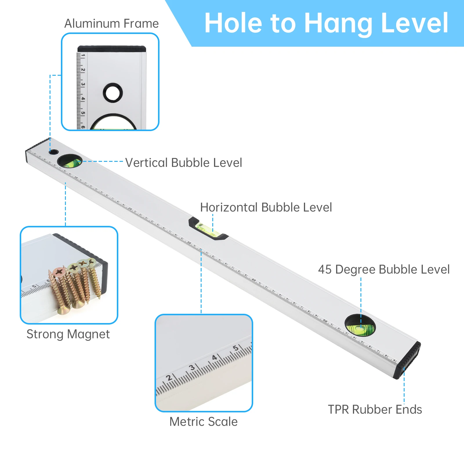 600mm Magnetic Aluminum Alloy Level Ruler for Building Decoration Measurement with 45 Degree,90 Degree,180 Degree Bubble Design