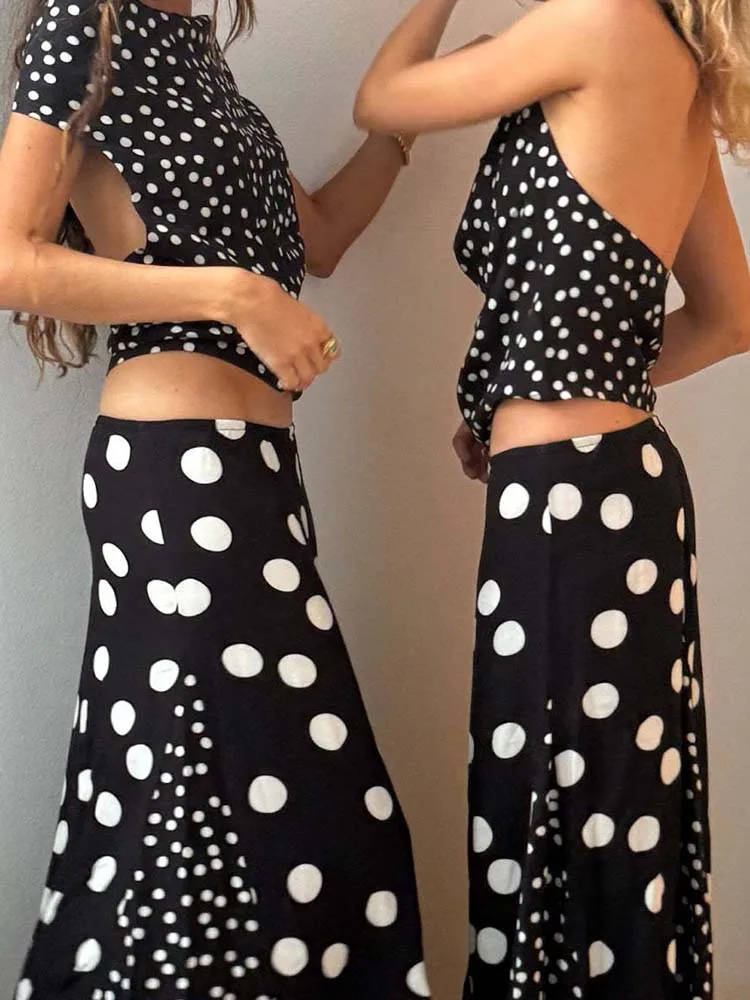 

Retro Summer Hollow Out Backless Two Piece Women's Off Shoulder Top and Long Skirt Holiday Suit Casual Printed Sleeveless Outfit