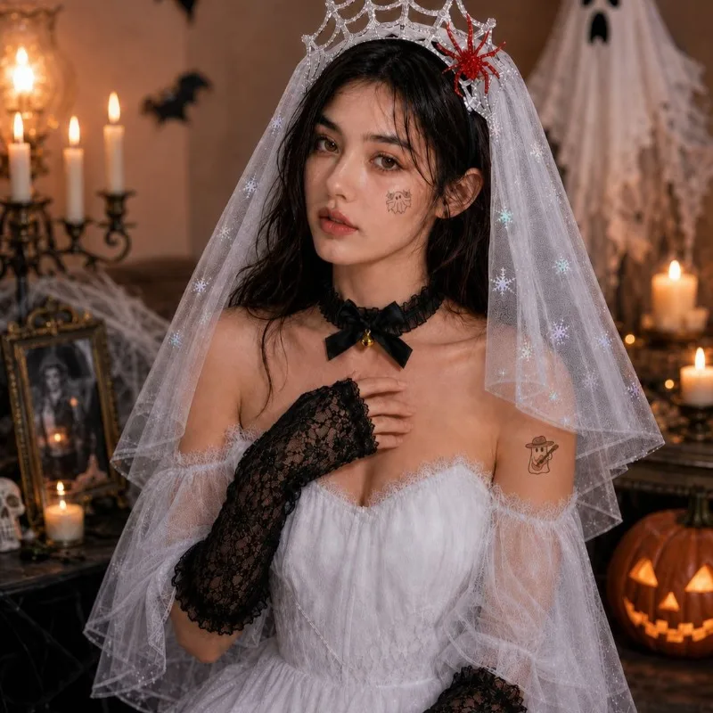 4pcs Halloween Ghost Bride Spider Queen Costume Set Shawl Gloves Headband Pumpkin Theme Masquerade Cosplay Supplies