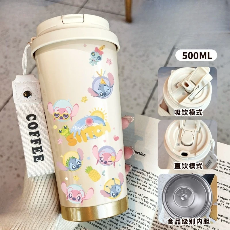 كوب ترمس عالي القيمة من ديزني ستيتش للطلاب ذو سعة كبيرة، كوب قهوة بسيط من الفولاذ المقاوم للصدأ، كوب قهوة مزدوج الشراب جديد