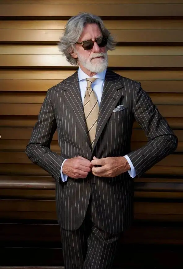 Men Brown 2 Pieces Vertical Pinstripe Suit Notch Lapel Formal Business Workwear Classic Striped Blazer Trousers Customized