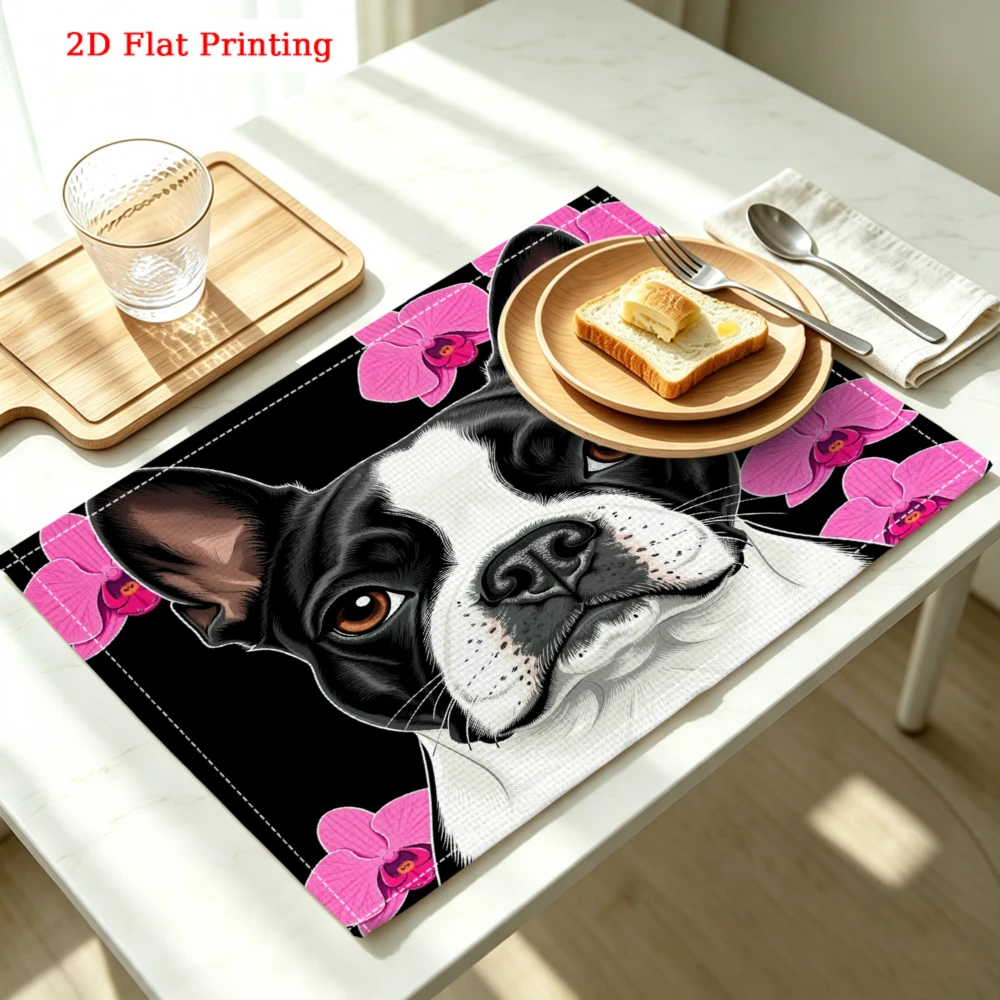 Boston Terrier With Pink Orchids Kitchen Placemat Coaster Linen Pad Dish Coffee Cup Table Mat 30x40cm Home Decor