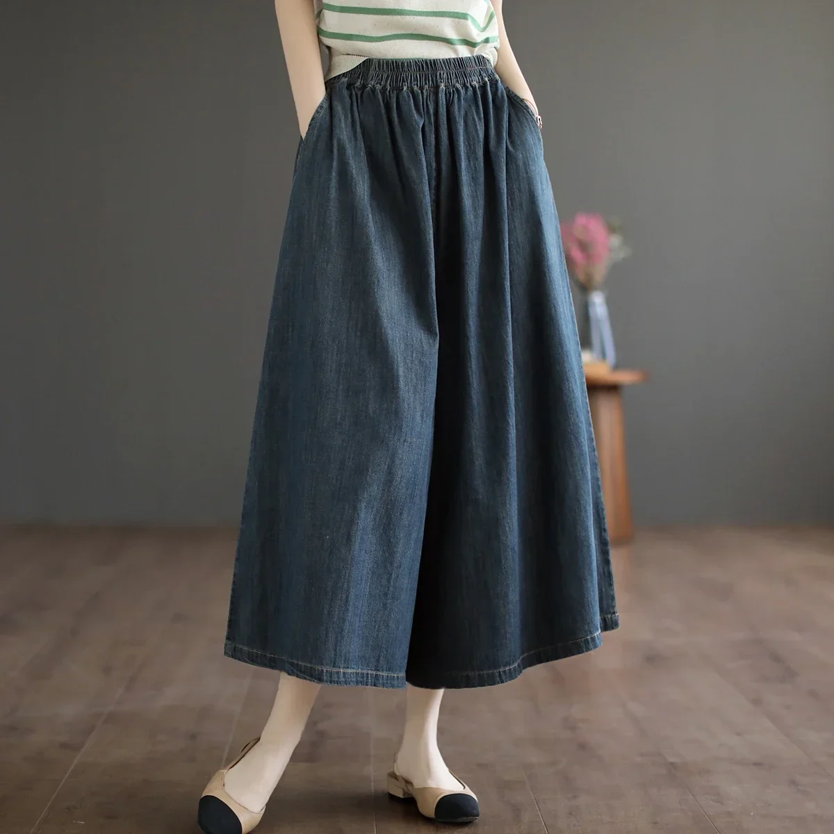 8215 Summer Trendy Wide Leg Jeans Skirts For Women New Design Straight Loose Casual Solid Color Elastic High Waist Denim Pants