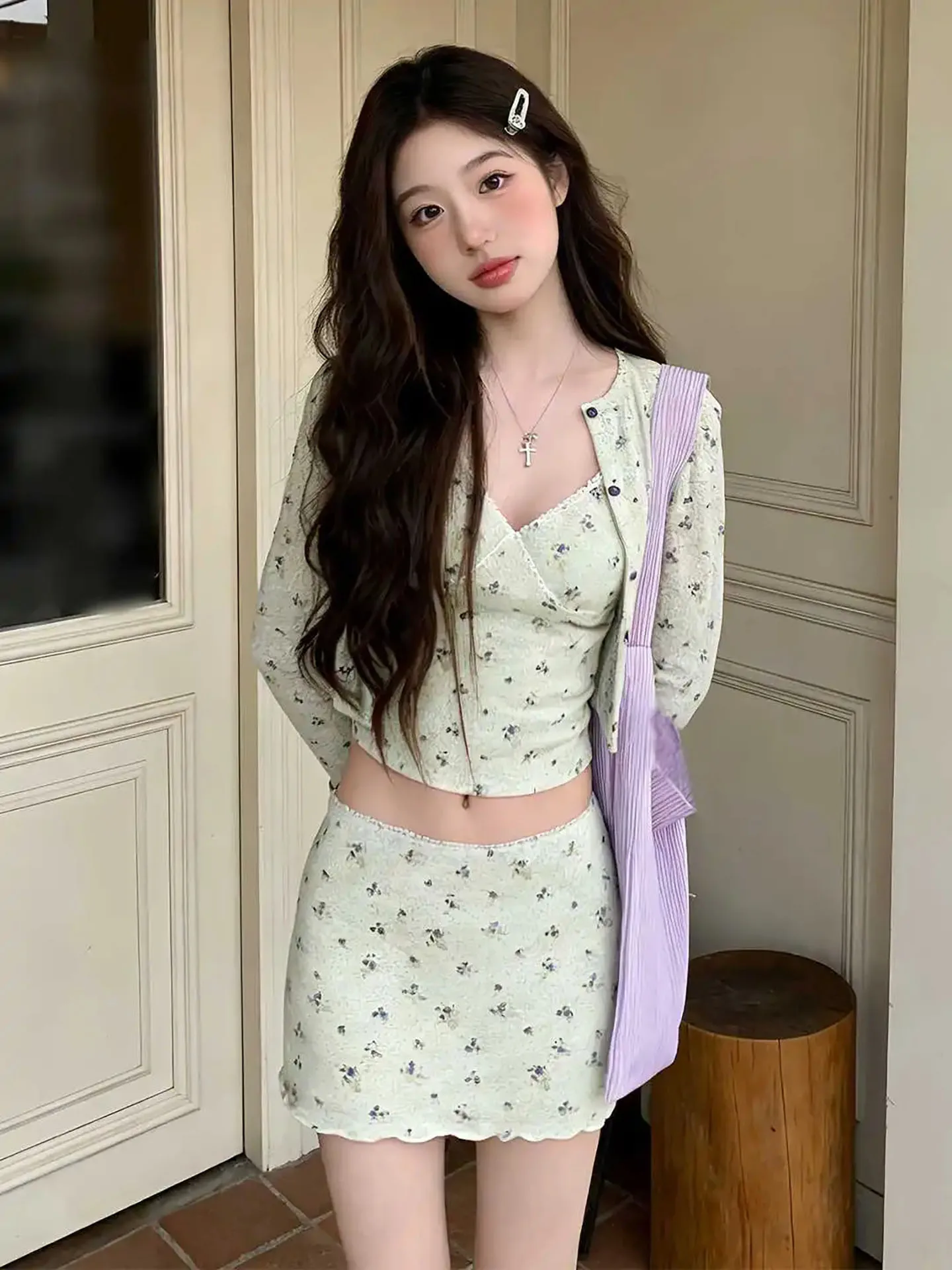 Summer New Women's Pure Desire Fashion Set High Waist Short Skirt with Floral Long Sleeve Cardigan Protective Cover up Tank Top