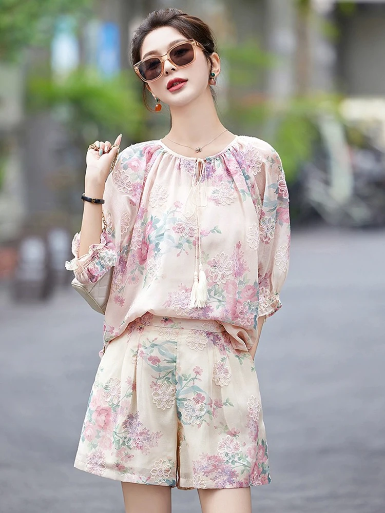 Elegant Shorts New In Matching Sets Female 2024 Summer Fashion Chic Floral Tops+Wide-Leg Shorts 2 Piece Sets Women Outfit