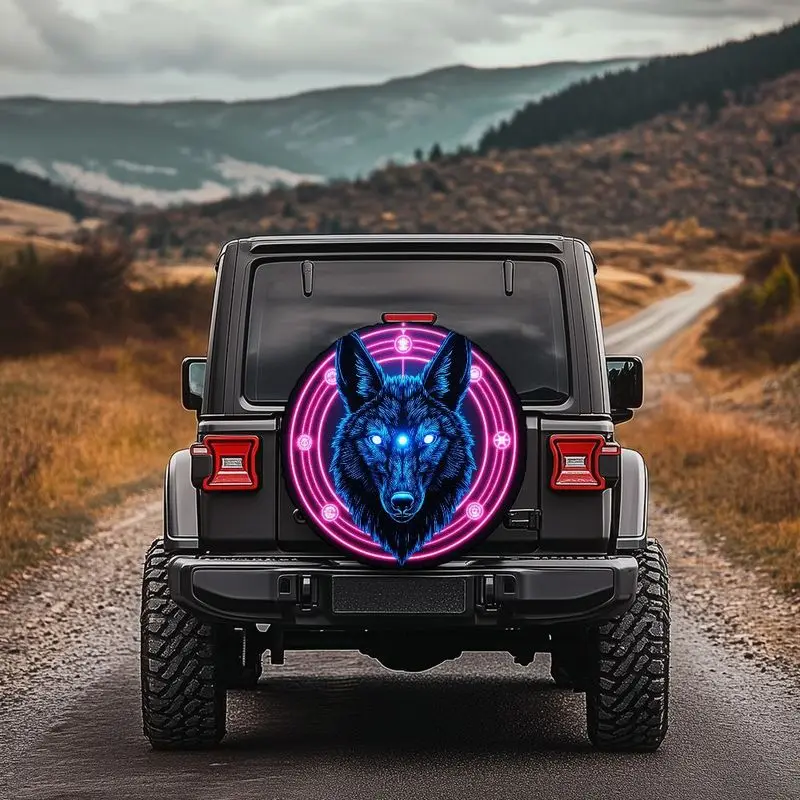 

Neon Blue Wolf Head & Pink Glow Spare Tire Cover - Heavy-Duty Black Car Wheel Protector With German Shepherd Design, Glowing-Rim
