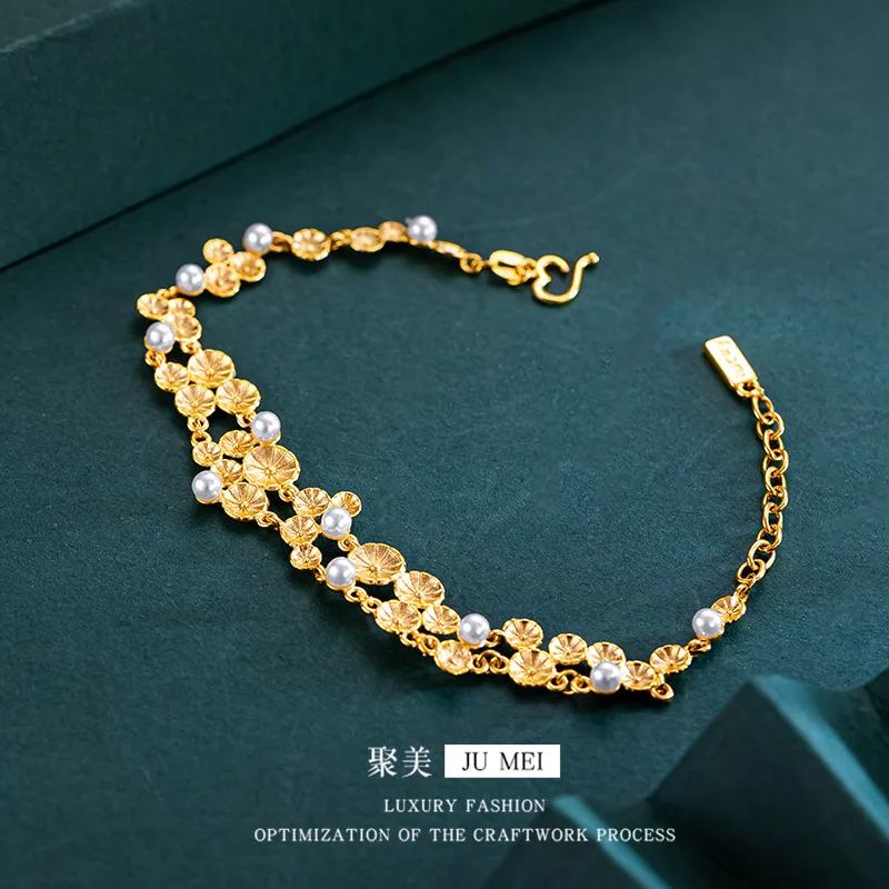 9999 24K real gold niche design sense Monet Garden Water Lily Bracelet Oriental Aesthetic New Chinese  Pearl Lotus Bracelet