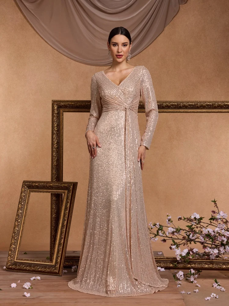 

BLUEPLUM Luxury Gold Floor Length V-Neck Evening Dress Women Elegant Party Maxi Dress Sequin Long Sleeves Prom Cocktail Dress Go