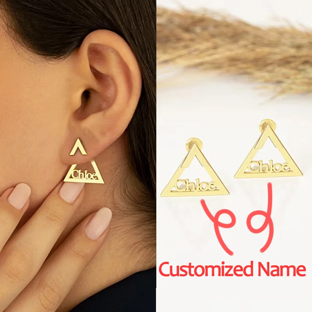 1 Pair Custom Name Triangle Earrings for Women Personalized Stainless Steel Letter Nameplate Stud Earring Christmas Jewelry Gift