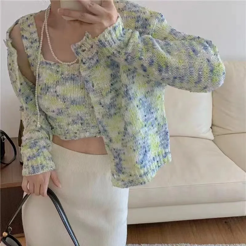 

Hsa 2023 autumn knitted sweater 2 pcs /set women Vest and Cardigans Pink Green Knitted Suit Sling Knitted Tanks Tops 2pcs set