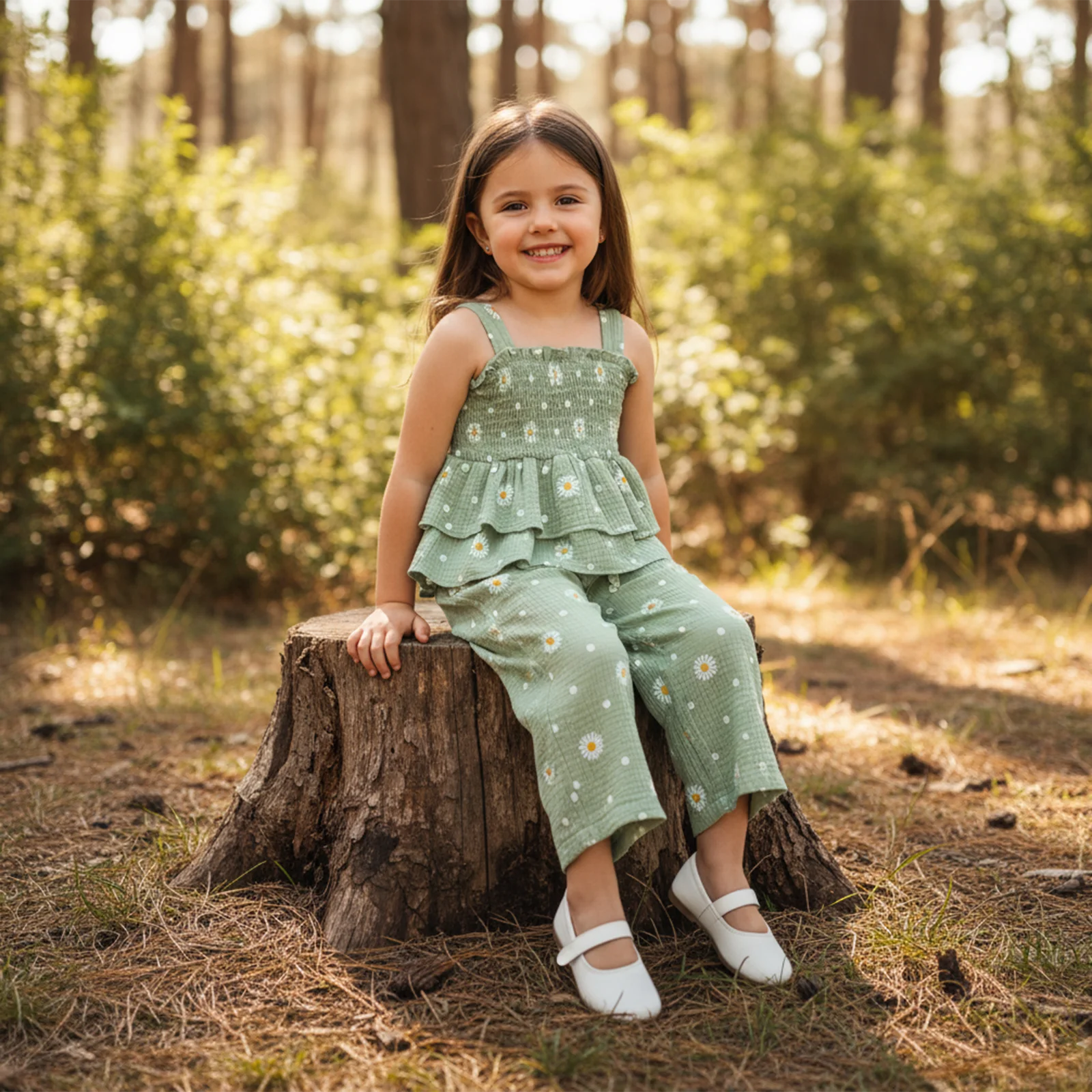 FOCUSNORM 2-7Y الصغار الفتيات ملابس الربيع مجموعات عباد الشمس طباعة أكمام Smocked تانك القمم + جيب فستان أطفال مع سروال داخلي #6