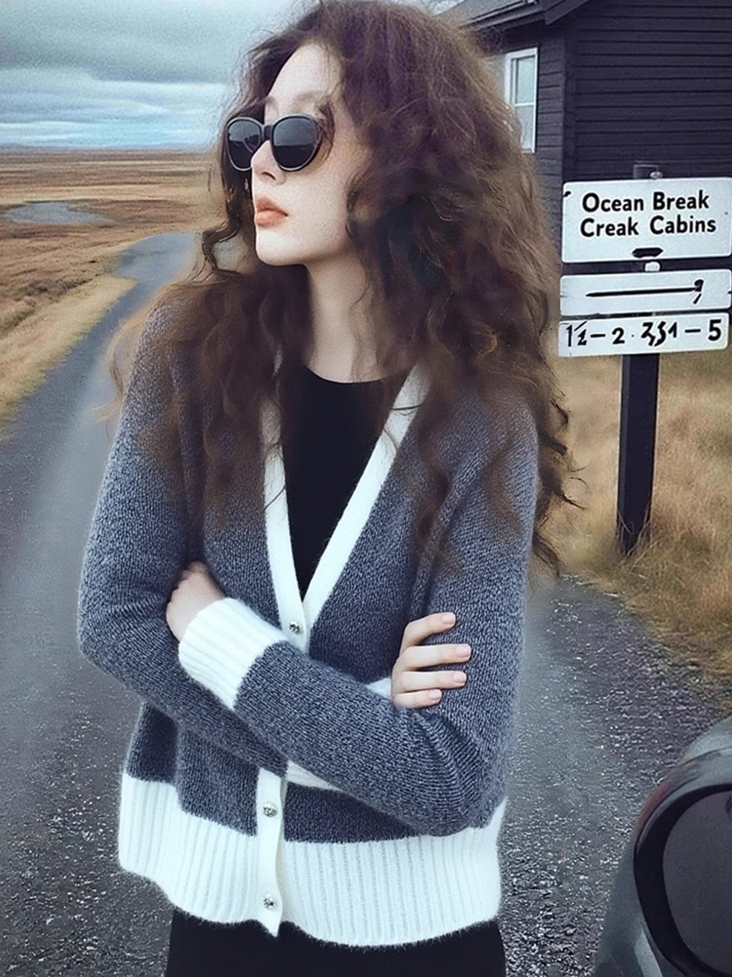 

Женский вязаный кардиган Ele V-Ne Color Blo свободного кроя, зимняя верхняя одежда в корейском стиле, свитер для повседневной носки