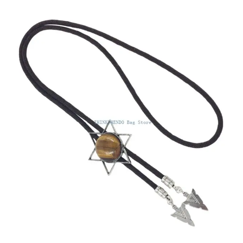 340D Braided Shoestring Stone Bolo Tie Hexagram Charm Cowboy Necktie Necklace