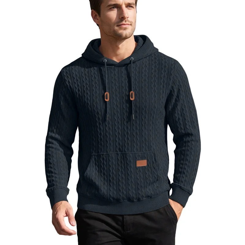 Men'S Knitted Hooded Sweatshirt With Sleeve Pocket Leather Label Drawstring Sports Pullover Casual Daily Wear view 3