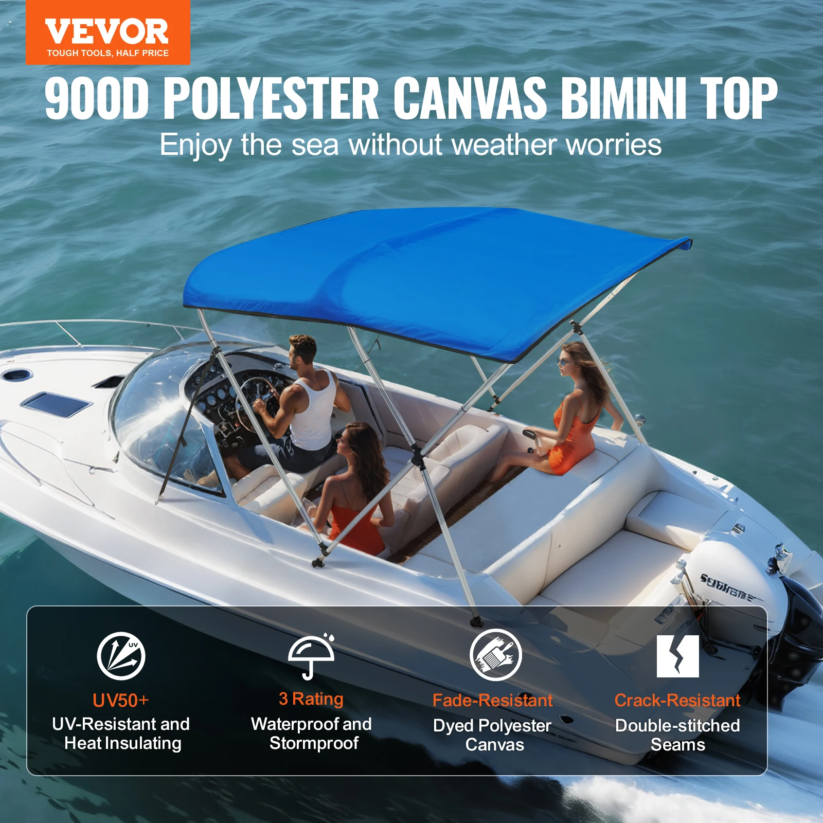 Vevor-Bimini Top Tampa do Barco, 900D Poliéster Canopy, 1 "Frame liga de alumínio, impermeável Sun Sombra, inclui armazenamento, 3 Bow