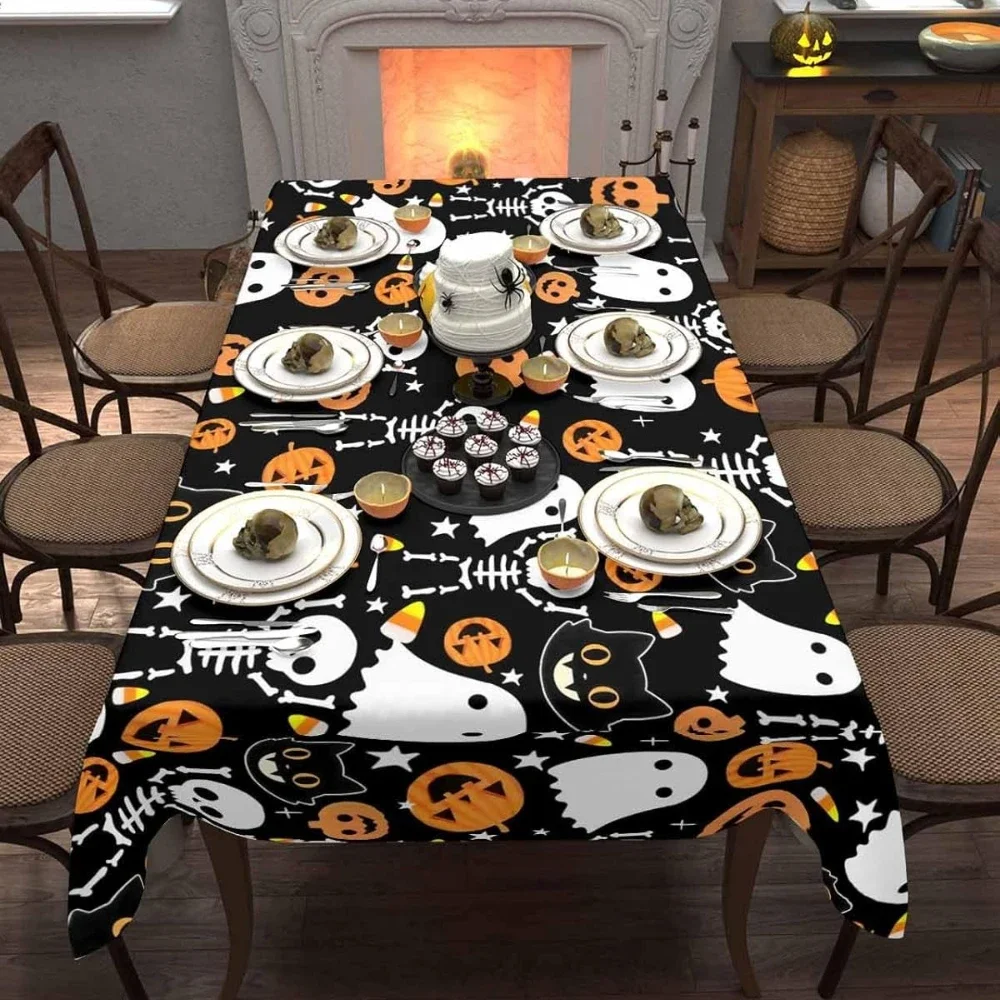 1Pc Halloween Style Tablecloth Black White Orange Ghost Pumpkin Skull Skeleton Print Table Cover For Party Dinner Decoration Wat