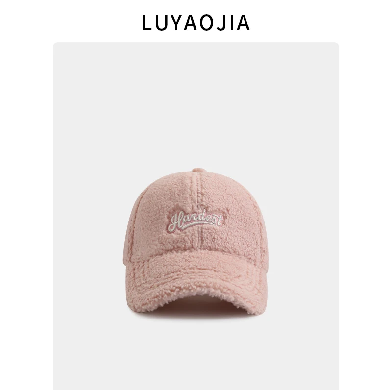 Autumn and winter embroidery letter lamb wool baseball cap women's Korean version fashion casual thickened warm curved brim cap