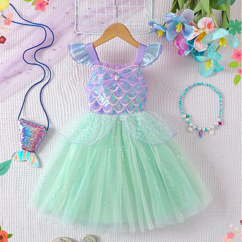 Girl Princess Dresses Mermaid Themed Party Sling Mesh Skirt  Sequin Performance Costume Birthday Kids Clothes Pearl Infant Gown