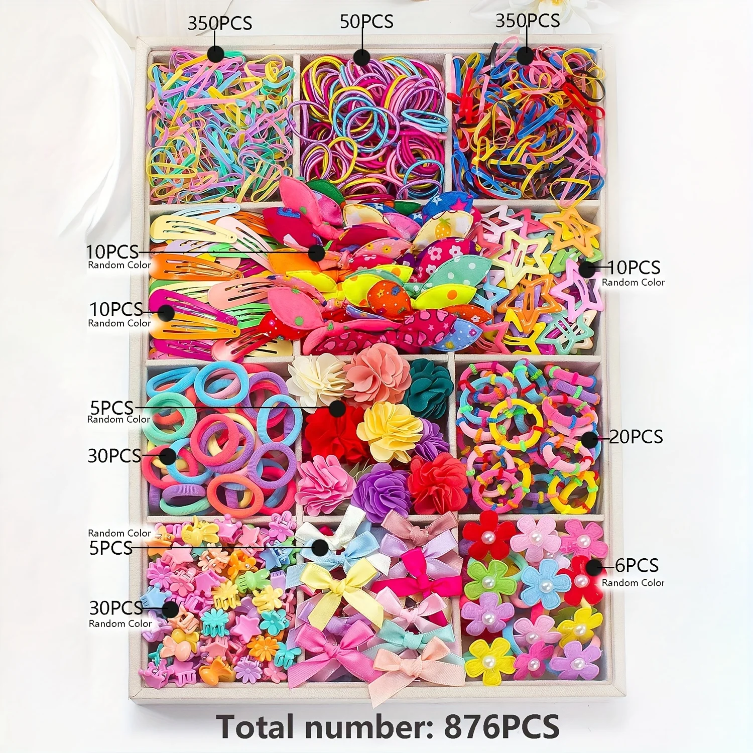 830/876 pieces of cute and sweet colorful netted high-elastic hair ties for girls | bow, flower, and star clip accessories image 2