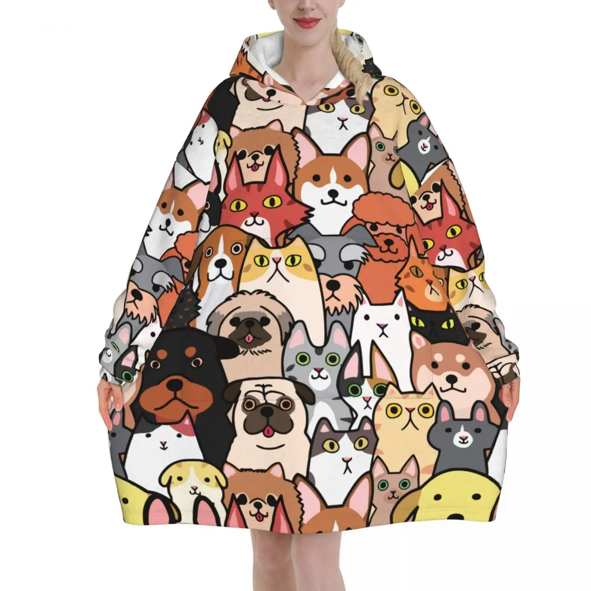 Fun Dog Cat Animals Wearable Blanket Hoodie for Women Men Cute Puppy Kitten Pet Oversized Sweatshirt Blanket with Pocket