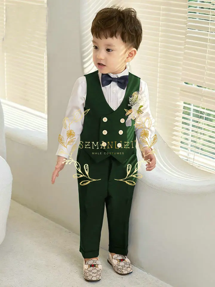 2023 Formal Kids Boy Gentleman Burgundy Double Breasted Vest Pant Set Boys Outfits Wedding Birthday Party Dress Suits