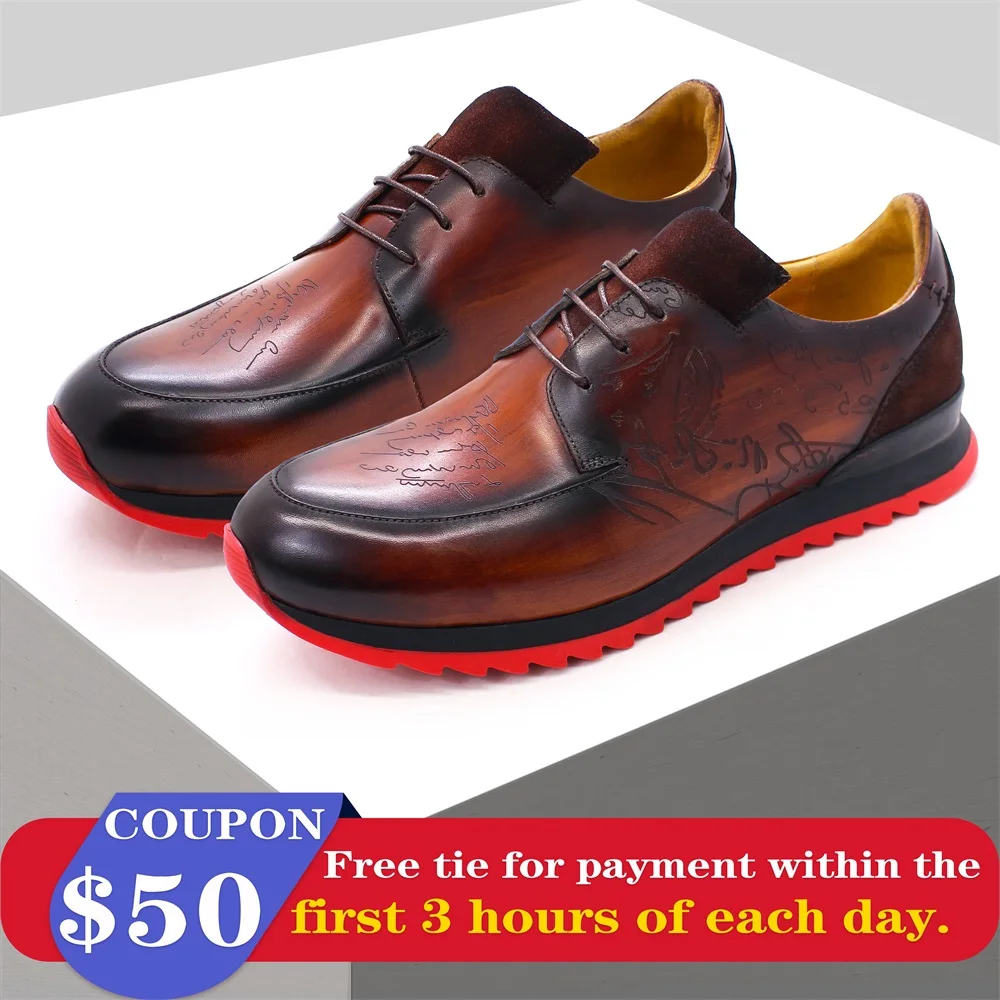 Men's Lace-Up Leather Shoes Handmade Fashion Anti-Slip Red Sole Casual Shoes Office Banquet Wedding  Elegant Men's Shoes