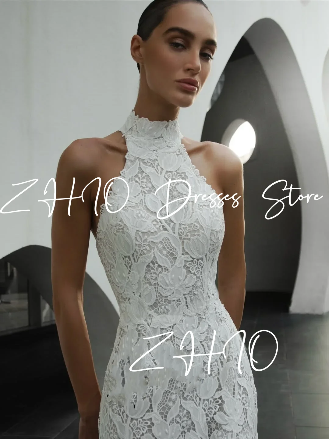 Zhi personalizado halter sem mangas rendas sereia vestido de casamento sem costas zíper longo trem espartilho vestidos de noiva novia