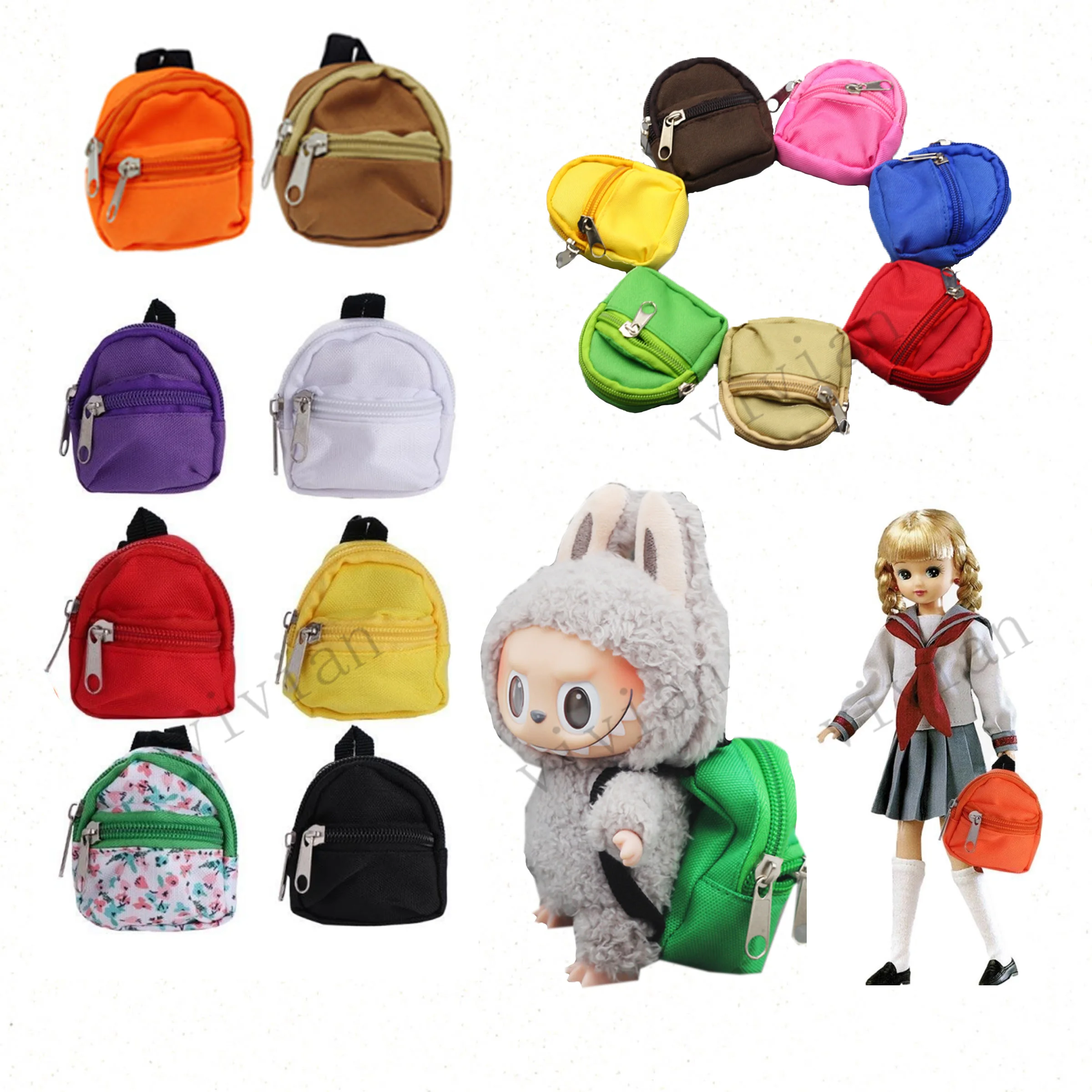 Doll Bag for Labubu for Barbies for Blythes 20cm Plush Doll & 1/6 BJD Double Zipper School Bag Canvas Coin Purse Backpack