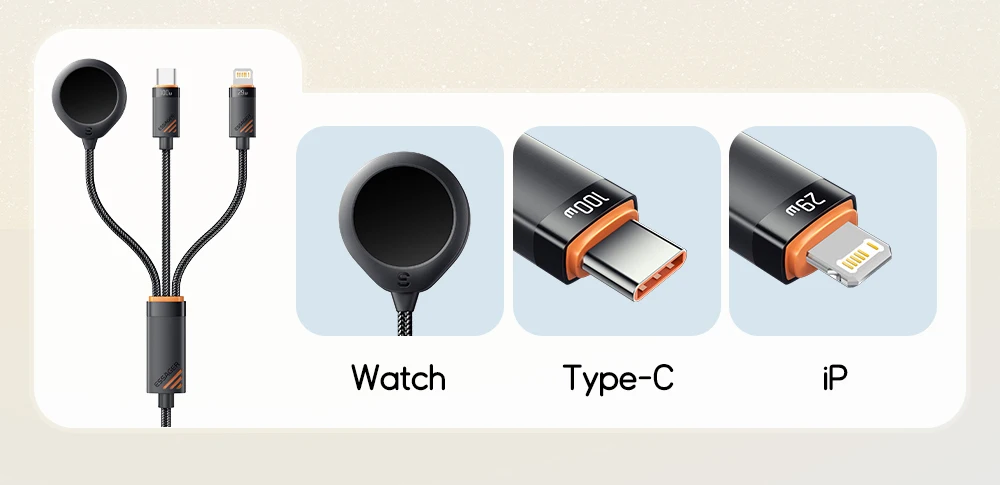 Essager 3-in-1 100 W Multi-USB-C-Ladekabel für Apple iWatch iPhone 16/15/14/13 Pro mit Typ-C-Lightning-Schnellladekabel – Detail 7