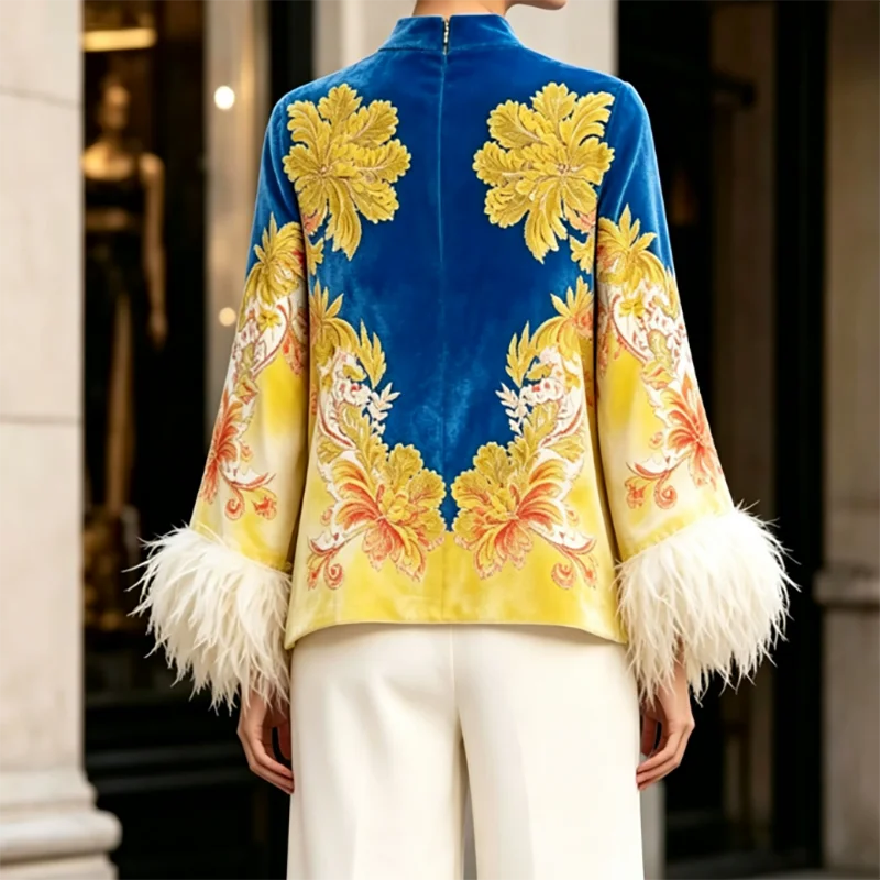 Autumn Luxury Oriental Shirt Mujer Women Velvet Stand Collar Blouse Sexy Floral Embroidery Feather Cuff Long Sleeve Top Pullover