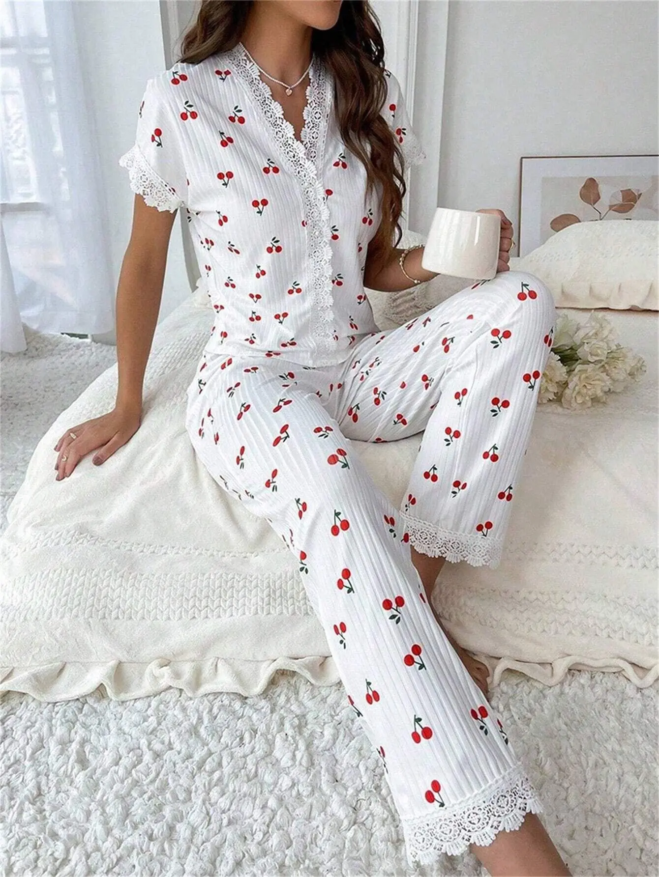 Spring Summer Pajama Set for Women Sleepwear Lace Trim Heart Print Short Sleeve Top & Full-Length Pants Nightwear Loungewear 6