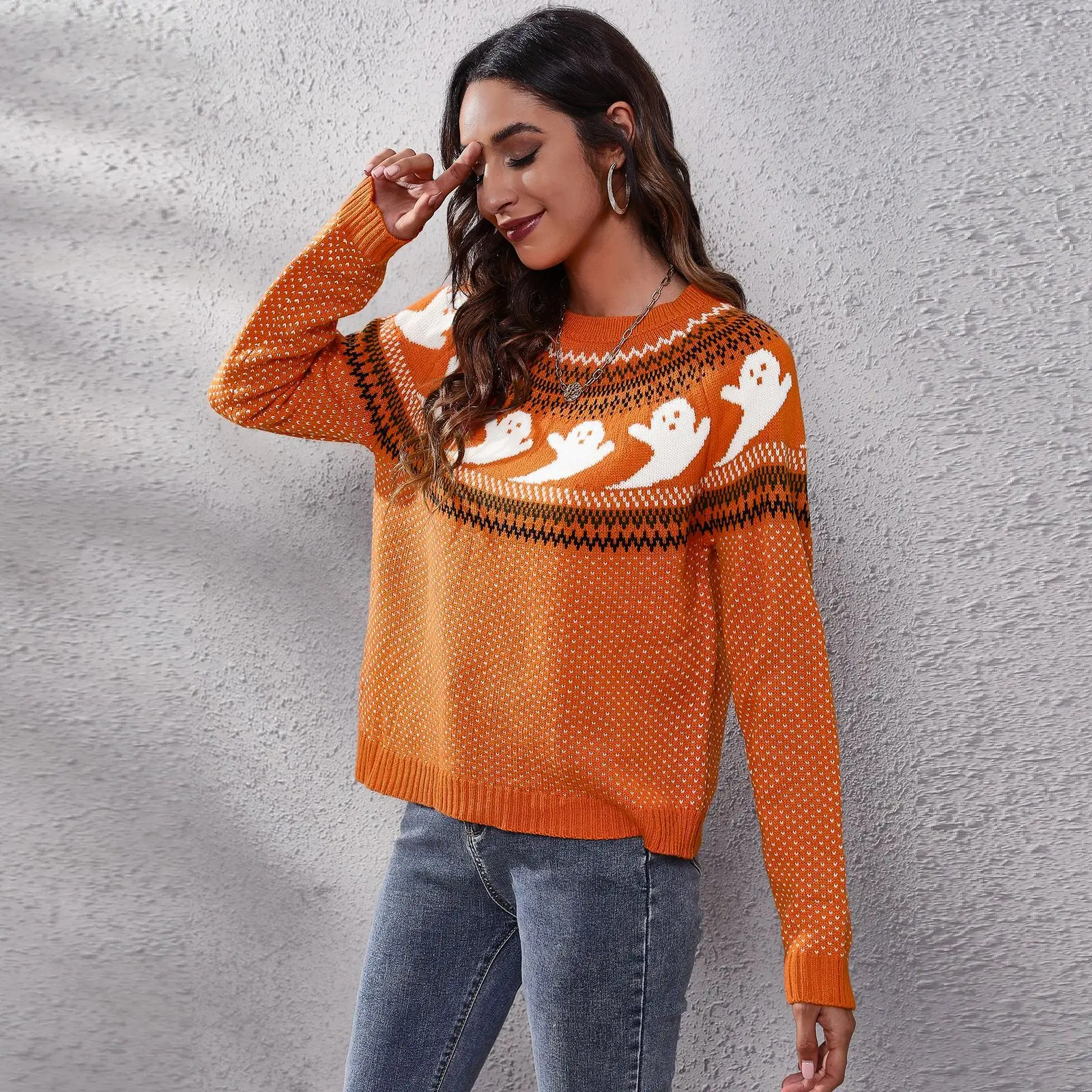 Autumn Winter Women\'s Knitted Sweater Round Neck Pullover Sweater Halloween Ghost Retro Polka Dot Loose Long-sleeved Sweater