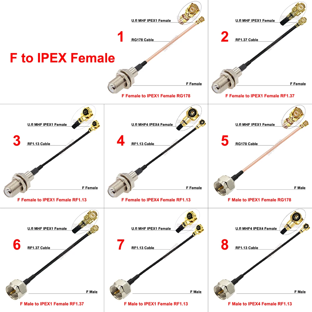 1PCS F Type Connector to uFL/IPX1-Compatible Female Φ1.13/Φ1.37/RG178 Cable Extension Pigtail IPX-F TV Wifi Antenna RF Jumper