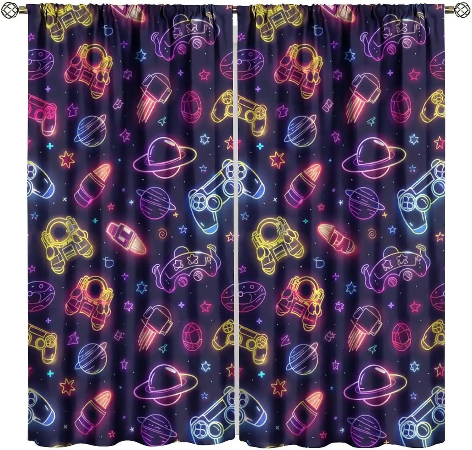 Neon Gamepad Curtains, Fantastic Glitter Colorful Game Controller Astronaut Planet Star Pattern Window Treatments, Blackout Rod