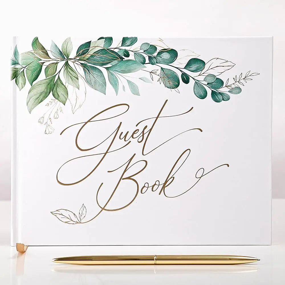 Gold Foil Greenery Wedding Guest Book 7 x 9 inches, Pen & Table Sign Included, Resgistry Sign in Book for Wedding, Bridal Sho