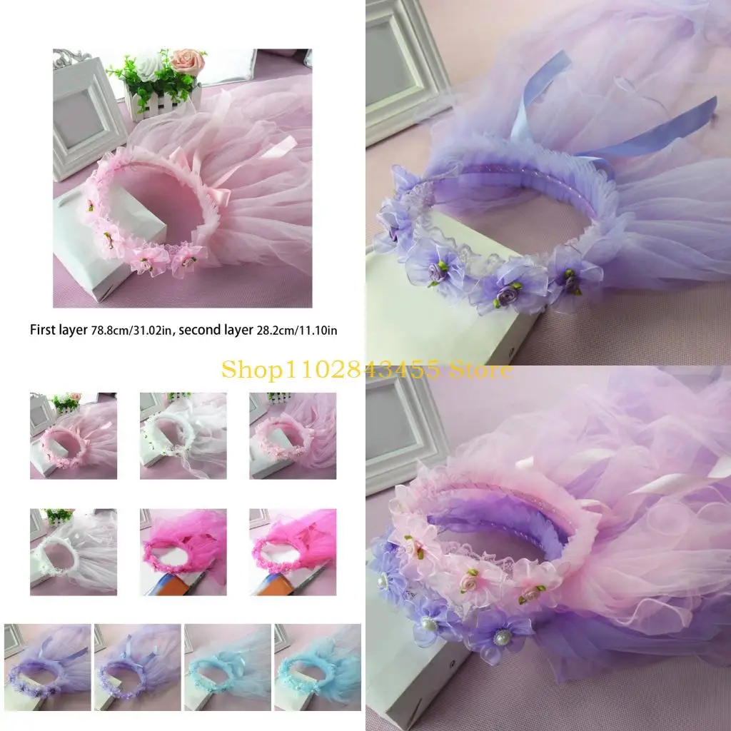 49MC Delicate Long Tulle Wedding Veils Pleated Flower Crown Flower Girls Veil for Bride Marriage Wedding Party Accessories