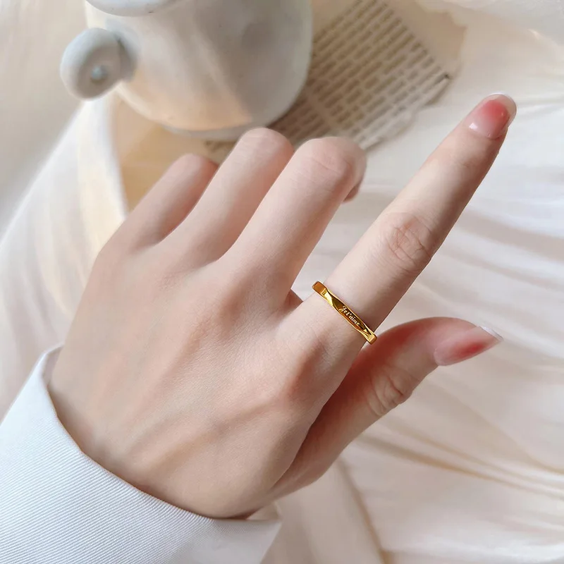 French Love You Letter Titanium Steel Smooth Ring 18K Gold Plated Waterproof Non Allergic Finger Jewelry for Women Girl Gift