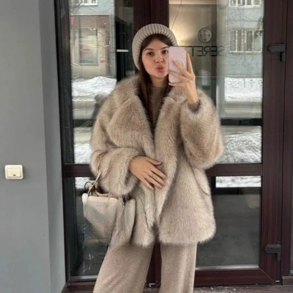 Dwustronny, puszysty płaszcz z futra, puszysty płaszcz z futra z farbowanymi końcówkami, zimowy płaszcz z futra, luźny, ciepły płaszcz z futra lisa.