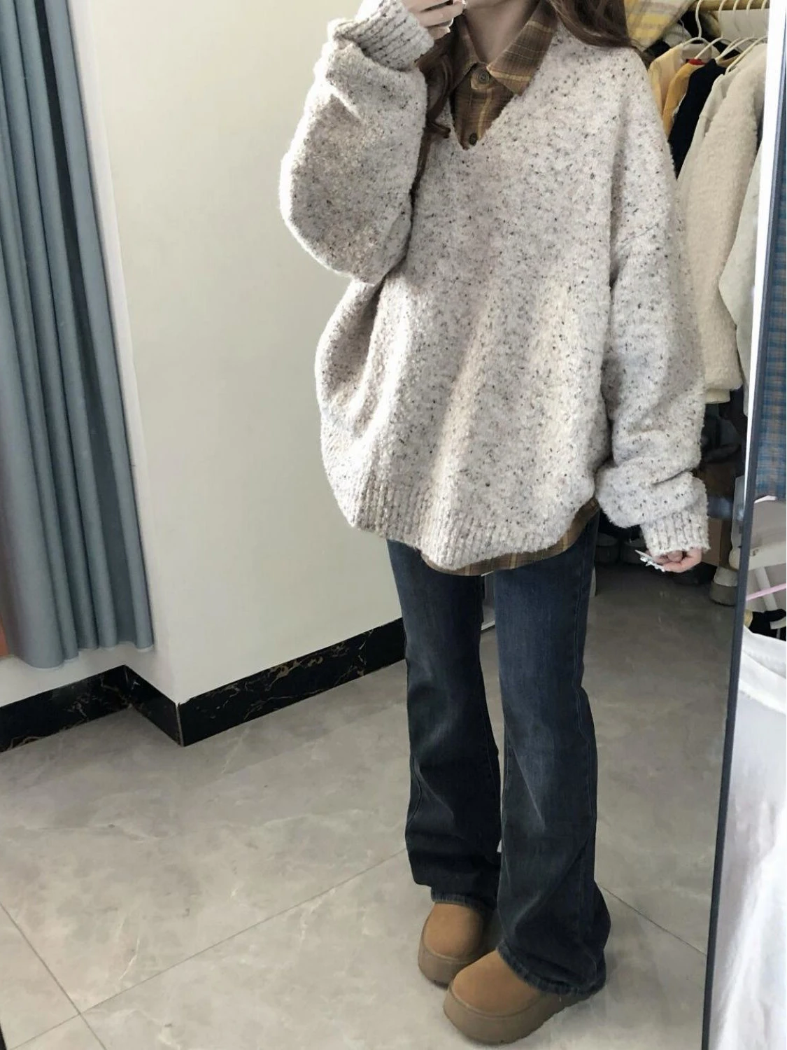 

Autumn Winter Casual Soft Cozy Knitted Sweater Shirt Long Sleeve Plaid Two Piece Set Women's Fashion Ensemble Comfortable Fit