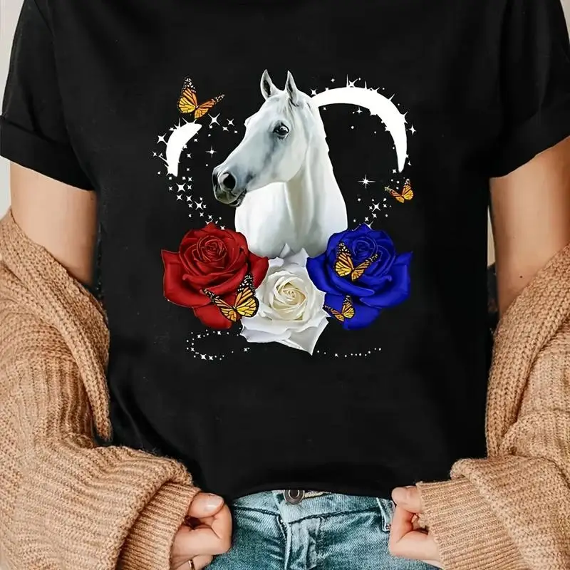 

Женская повседневная футболка с круглым вырезом, белой лошадью и двухцветным принтом роз