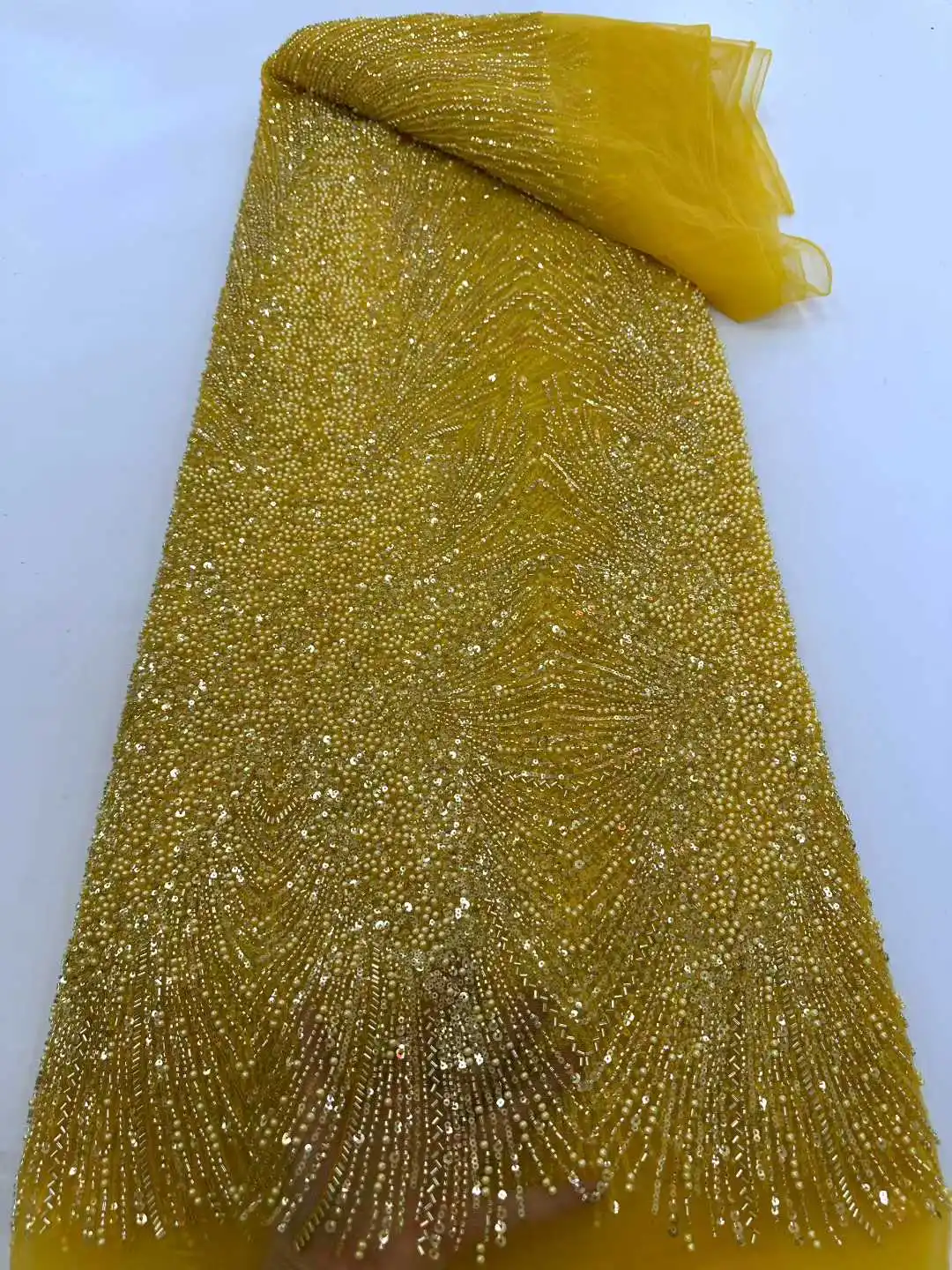 

Yellow French Mesh Lace Fabric Elegant Beads African Lace Fabrics Nigerian Mesh Lace Fabric For Diy Dresses Party Wedding