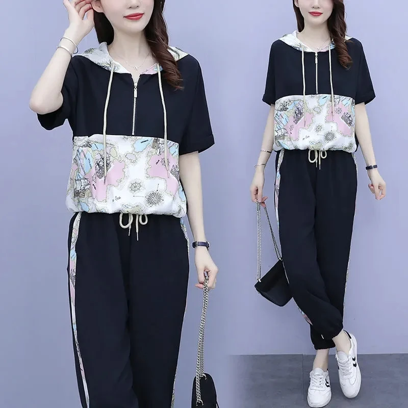 Women White Sport Suit 2023 New Female Printed Summer Two Piece Set Women\'s Hooded Sportswear Women Pants Suit 4XL