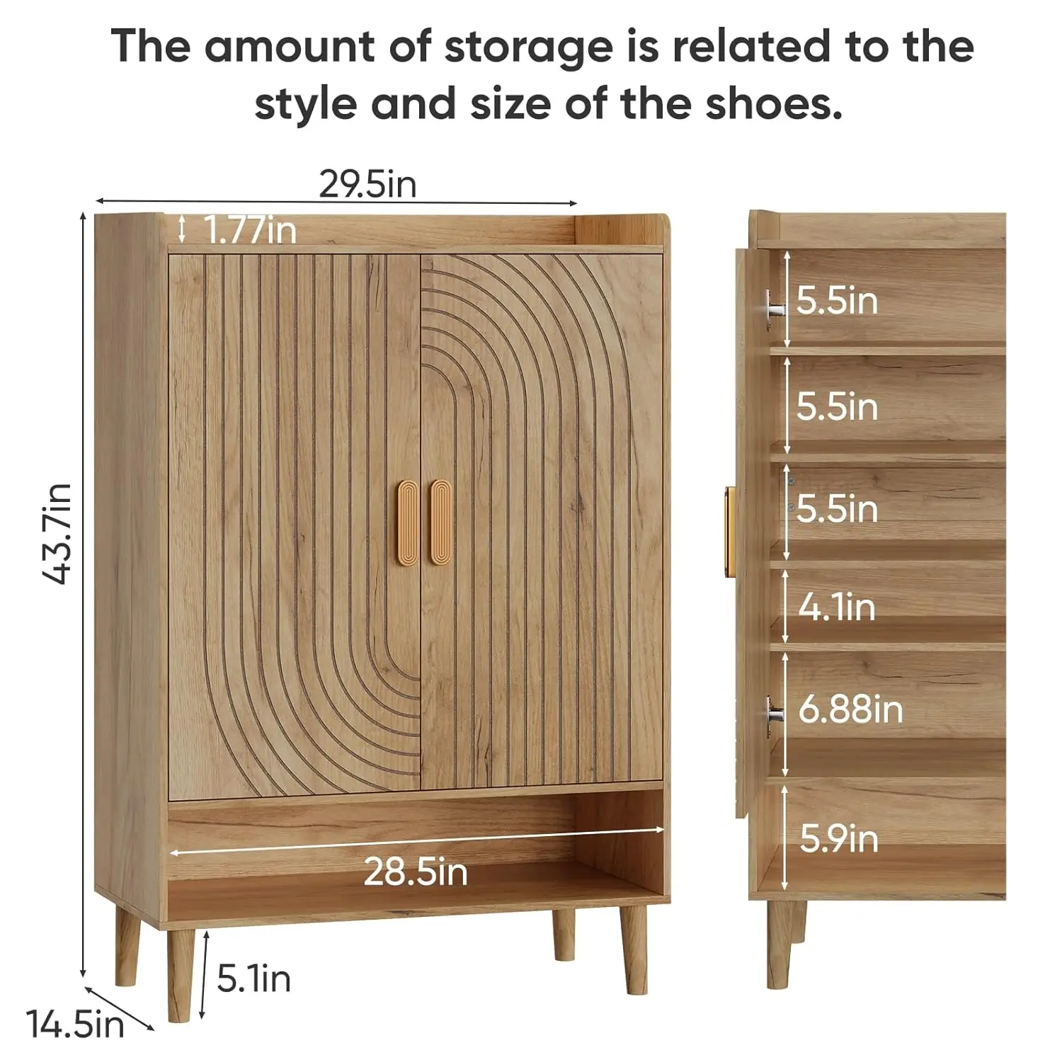 Oak Shoe Cabinet with Line Groove Design, 6-Tier Shoe Storage Cabinet with Adjustable Shelves, Freestanding Shoe, Customized