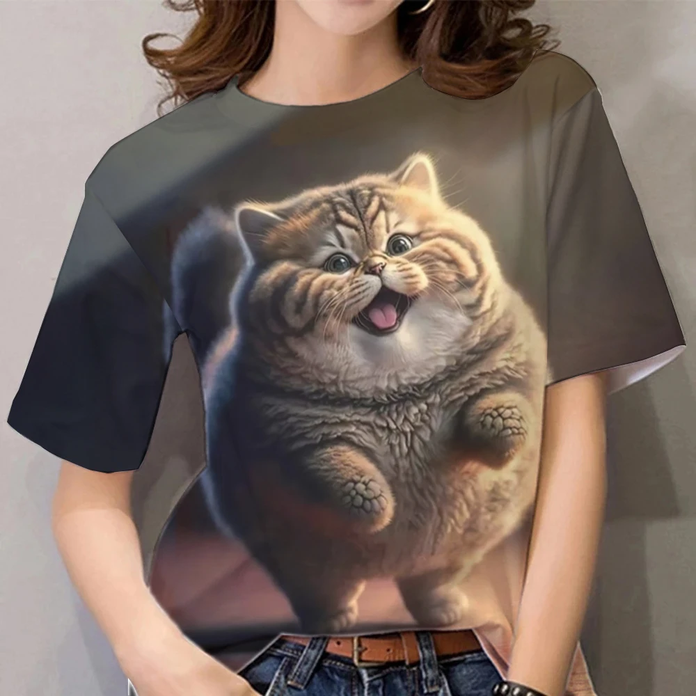 Kawaii Cat Print Women's T-Shirt Summer Round Neck Short Sleeved Top Clothing Cute Chubby Cat T-Shirt Fashions Casual Pullover