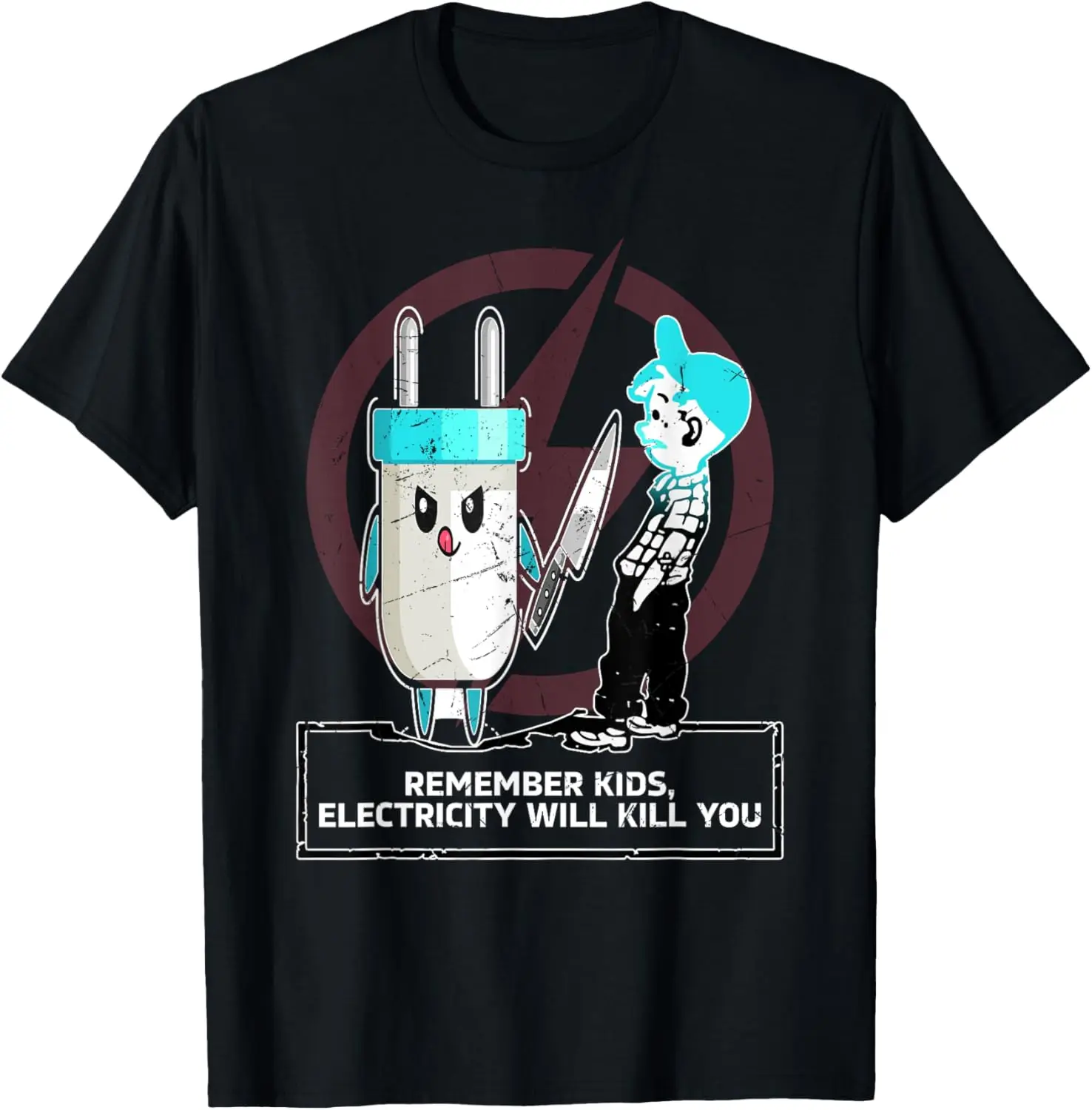 Electricity Will Kill You Funny Plug and Knife Graphic Tee Soft Cotton Casual T-Shirt for Men