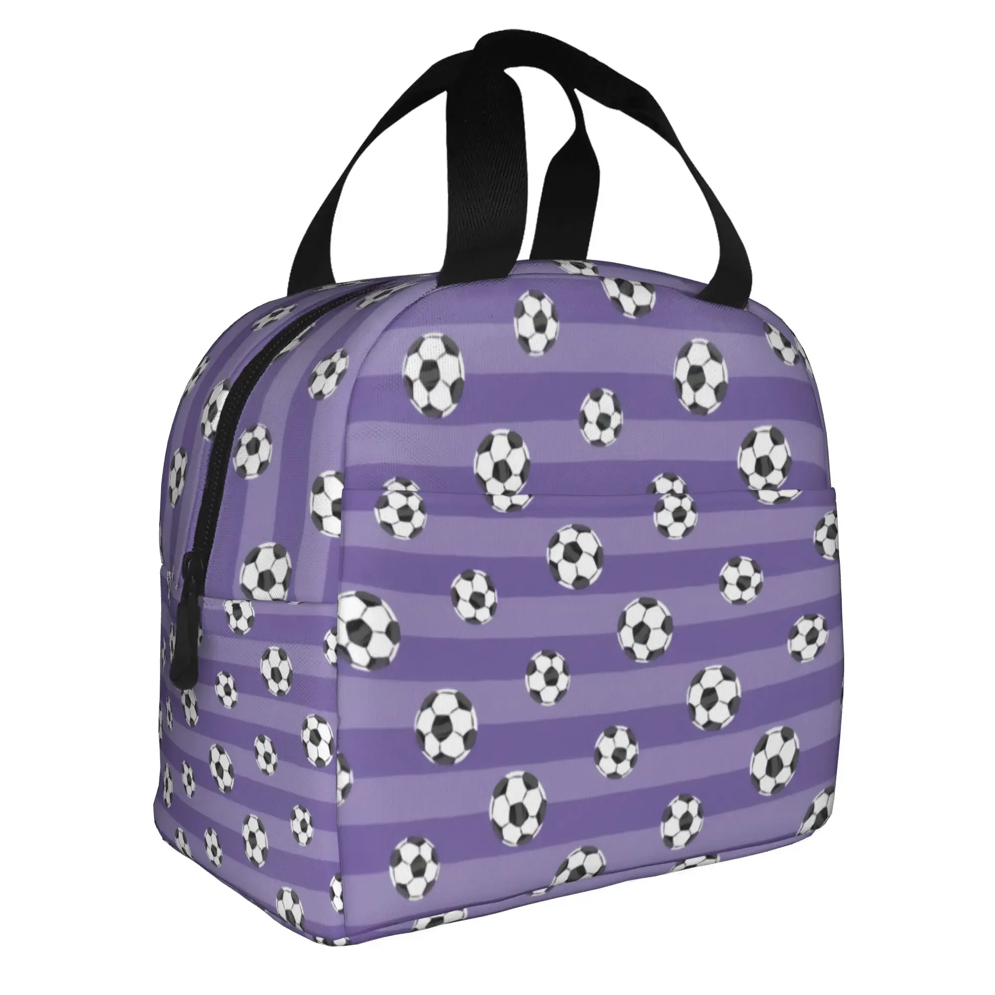 Soccer Balls On Purple Stripe Thermal Insulated Lunch Bag Women Footbally  Resuable Lunch Container for School  Storage Food Box