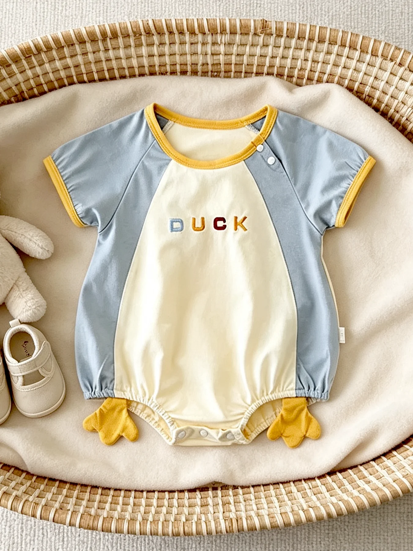 Girls' 3D Duck-Foot Print Color-Blocked Cartoon Short-Sleeve Onesie for Baby Girls—Summer Casual Outfit for Everyday Wear