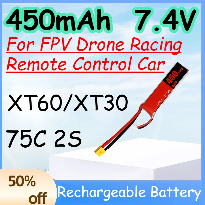 

450mAh 2S 7.4V 75C Replace Rechargeable Lipo Battery for FPV Drone Racing Remote Control Car Battery with XT60/XT30 Plug