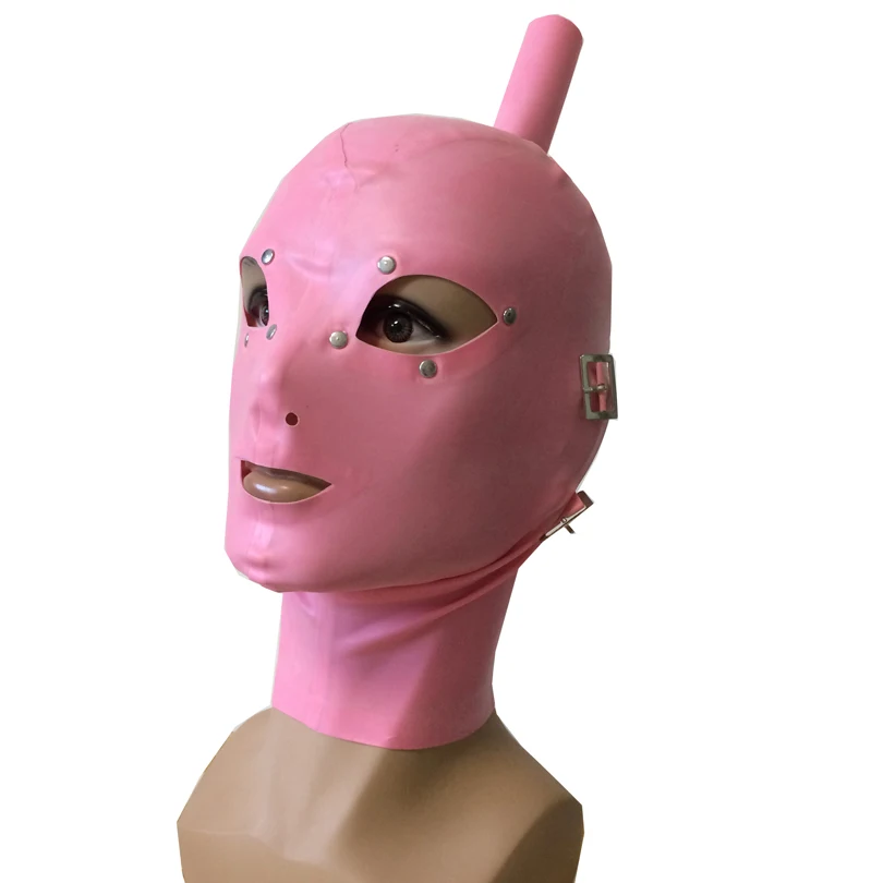 Sexy Pink Women Men Latex Rubber Mask with Hair Through Tube Cosplay Hood Back Zip Handmade Headpiece RLM115